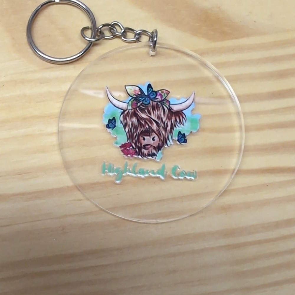 Hand Crafted Highland Cow Keychain - Brown and Blue